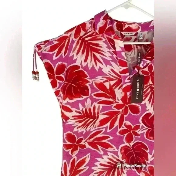 NWT PUNTO ROMA women’s beach cover up Size 6 red pink white shoulder bead detail - Picture 6 of 11